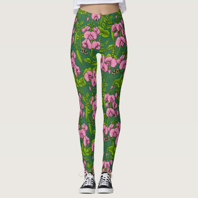 Leggings Garzas y abejorros dulces, verdes y rosas (Anverso)