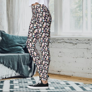 Leggings Gato Blanco Floral Pastel Botánico Romántico Negro