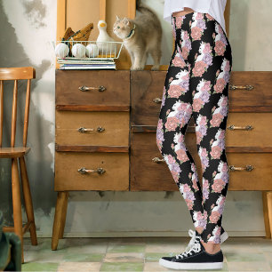 Leggings Gato Blanco Floral Pastel Botánico Romántico Negro