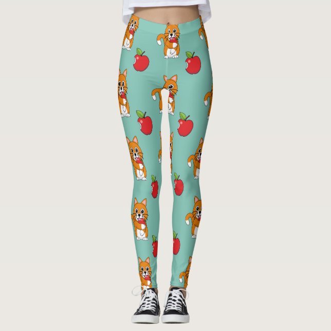 Leggings Gato blanco Naranja lindo comiendo Personalizado d (Anverso)