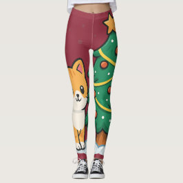 Leggings Gato de dibujos animados junto al árbol de Navidad