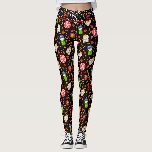 Leggings Gato de Maneki Neko japonés negro y Geisha (Anverso)