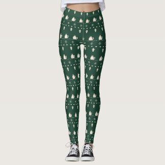 Leggings Gato de Navidad en Verde Pino Fair Isle