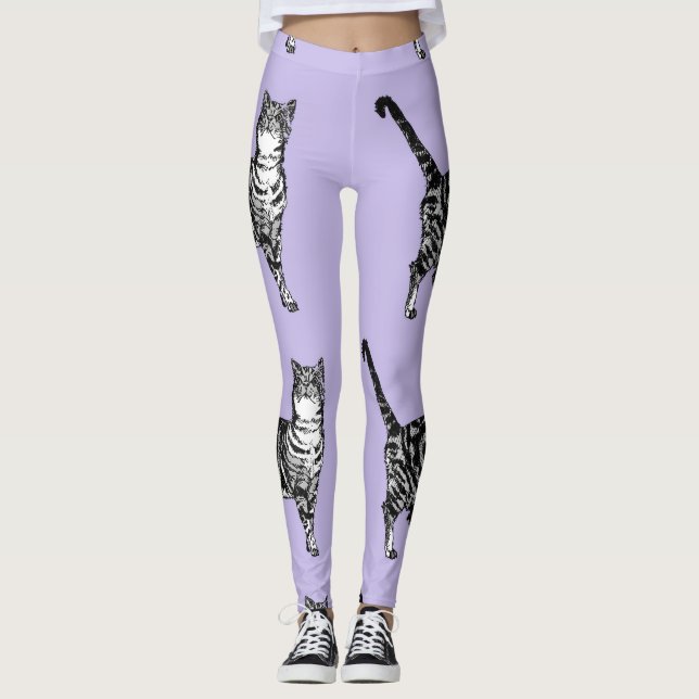Leggings Gato de Tabby Animal Guay Negro y Piernas Puple (Anverso)