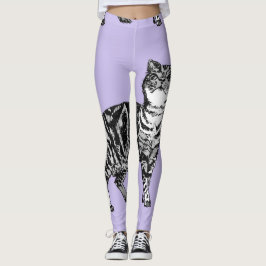Leggings Gato de Tabby Animal Guay Negro y Piernas Puple