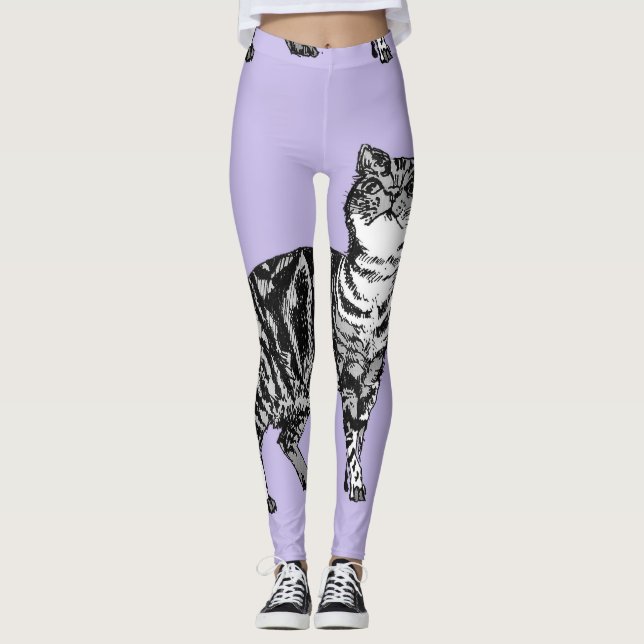 Leggings Gato de Tabby Animal Guay Negro y Piernas Puple (Anverso)