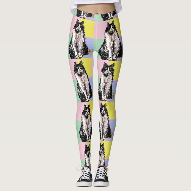 Leggings Gato de Tuxedo Gatos Cuidados Negro Pastel Blanco  (Anverso)