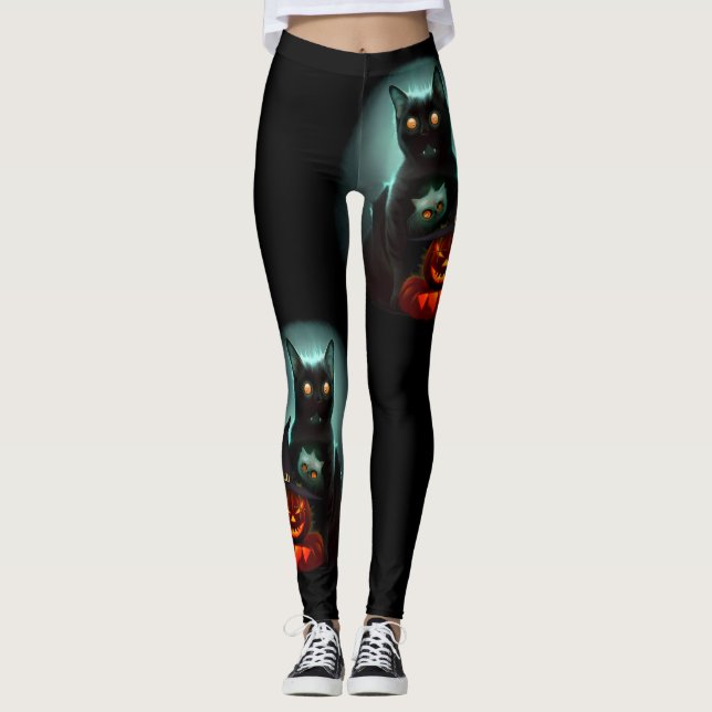 Leggings Gato de vampiros y mago calabaza Halloween Surreal (Anverso)