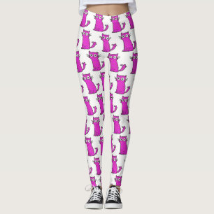 Leggings Gato divertido de moda del rosa fuerte y blanco