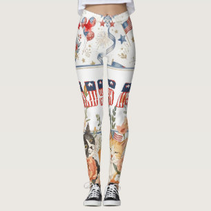 Leggings Gato floral patriótico con estilo americano vintag