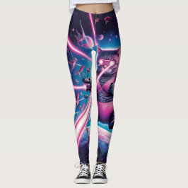 Leggings Gato gigante gracioso y dinosaurios en el espacio