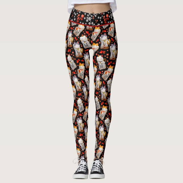 Leggings Gato Maneki Neko japonés negro ondeando gato (Anverso)