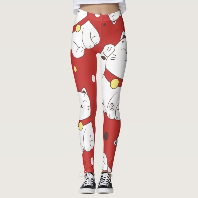 Leggings Gato Maneki-Neko, patrón de doodle japonés. (Anverso)