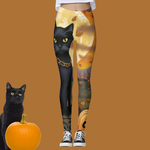 Leggings Gato negro bajo una luna de cosecha y calabazas