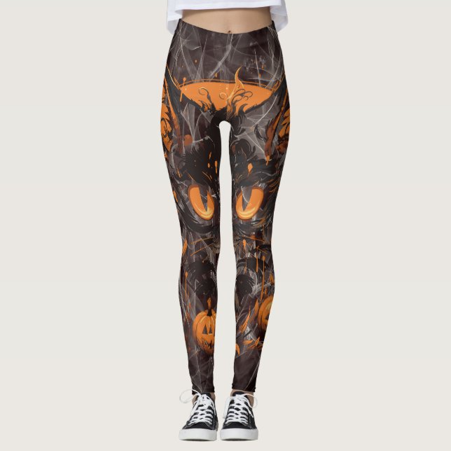 Leggings Gato negro de Halloween con calabazas y luna (Anverso)