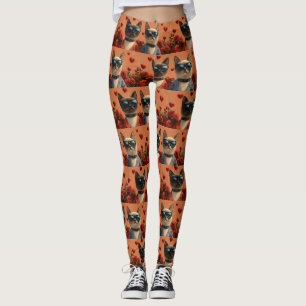 Leggings Gato siamés con rosas del corazón Día de San Valen