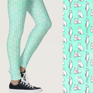 Leggings Gatos Azul Turquesa Lindos Patrón Caprichoso