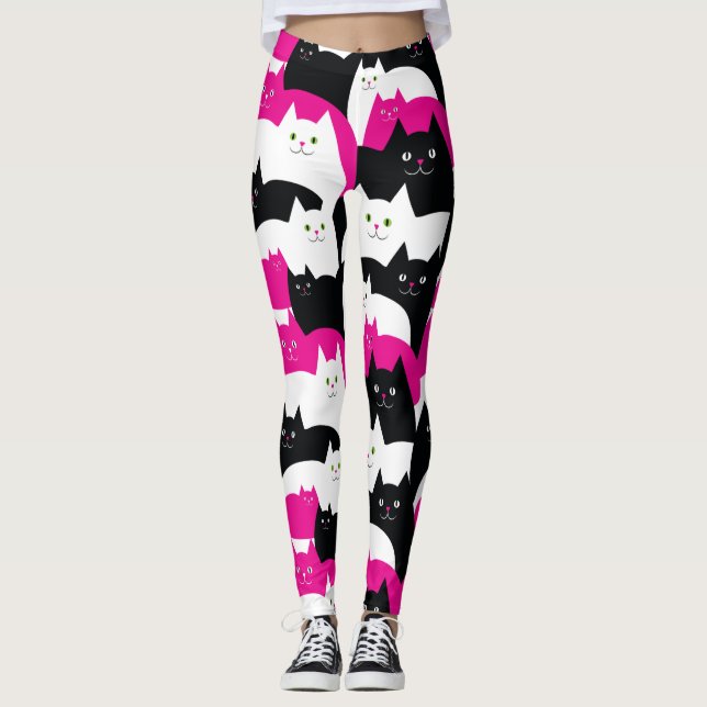 Leggings Gatos blancos y negros rosados del gatito (Anverso)