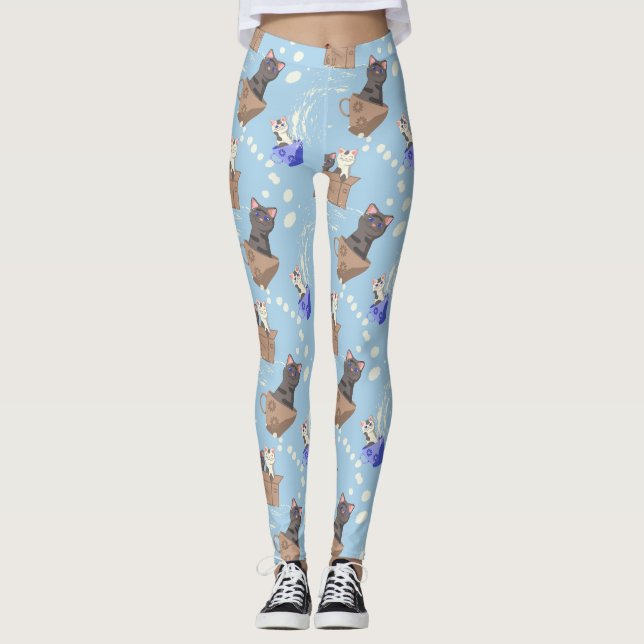 Leggings Gatos en caja y gotas de leche en azul (Anverso)