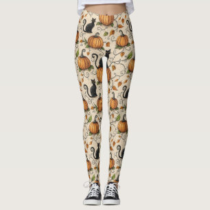 Leggings Gatos Negros y Calabazas Patrón de Halloween