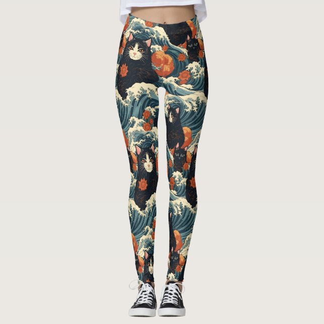 Leggings Gatos Ukiyo-e del patrón Kanagawa (Anverso)