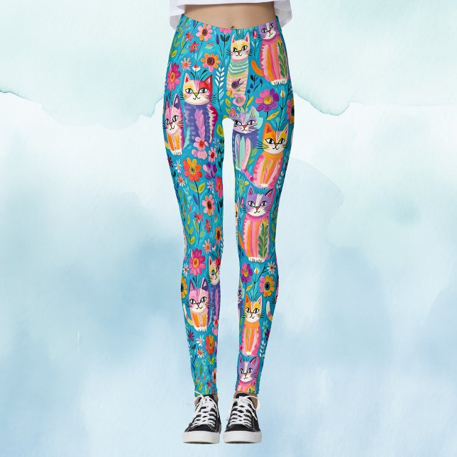 Leggings Gatos y flores coloridas (Subido por el creador)
