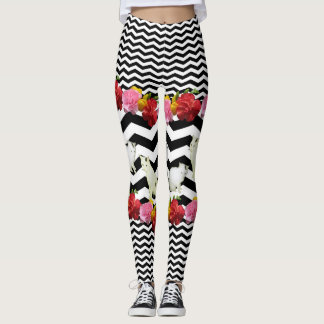 Leggings Gatos y flores en Chevron negro