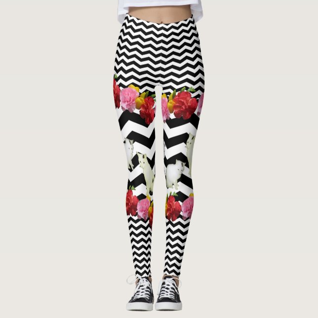 Leggings Gatos y flores en Chevron negro (Anverso)