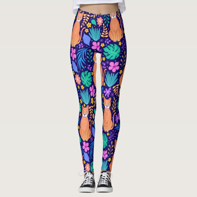 Leggings Gatos y flores tropicales: Patrón oscuro (Anverso)