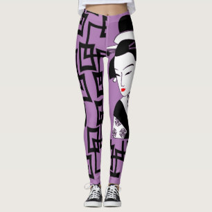 Leggings geisha chica japonés gráfico morado blanco negro