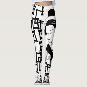Leggings geisha chica japonesa lentes gráficas blancas neg