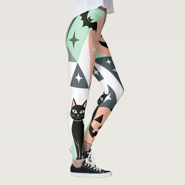 Leggings Geometric Pastel Halloween Pumpkin Black Cat Art (Derecha)