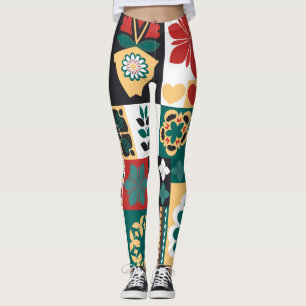 Leggings Geométrica Mexicana: Ornamento Verde Rojo.
