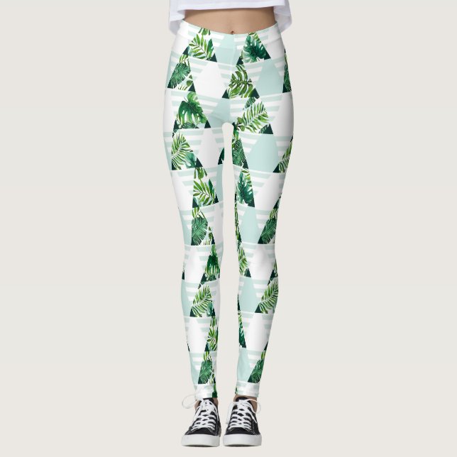 Leggings Geométrico de triángulos tropicales verde de la Ca (Anverso)