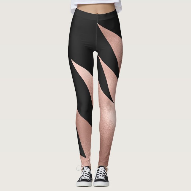 Leggings Geométrico negro de oro moderno de Rosa Girly (Anverso)