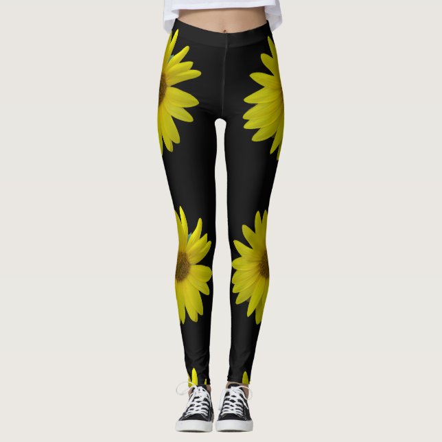 Leggings Girasol amarillo sobre fondo negro (Anverso)