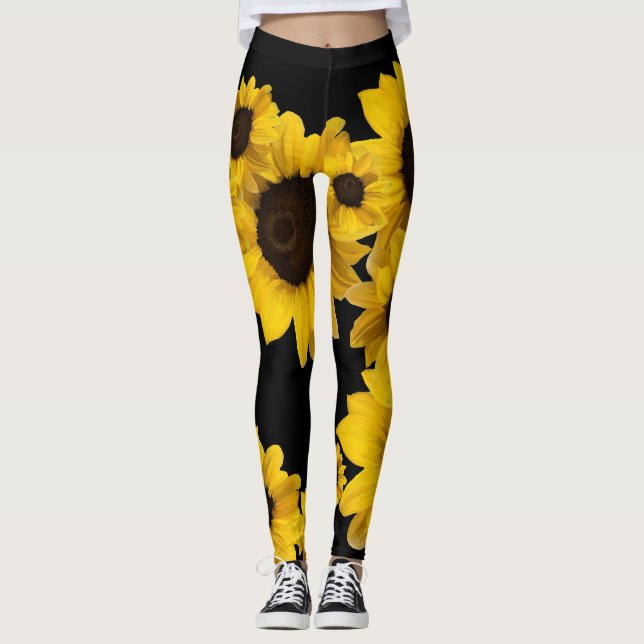 Leggings girasoles amarillos brillantes sobre fondo negro (Anverso)