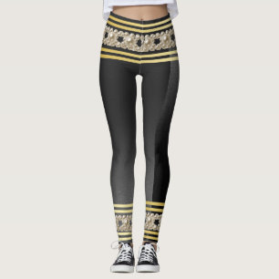Leggings Girly Pearls Moderno Gold Black Stripes Elegante