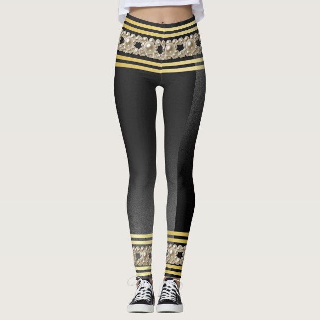 Leggings Girly Pearls Moderno Gold Black Stripes Elegante (Anverso)
