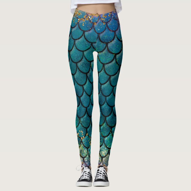 Leggings Glam Mermaid Fish Scales Verde azulado Purple Gold (Anverso)