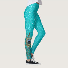 Leggings Glam Purpurina azul verde azulado con pluma de pav