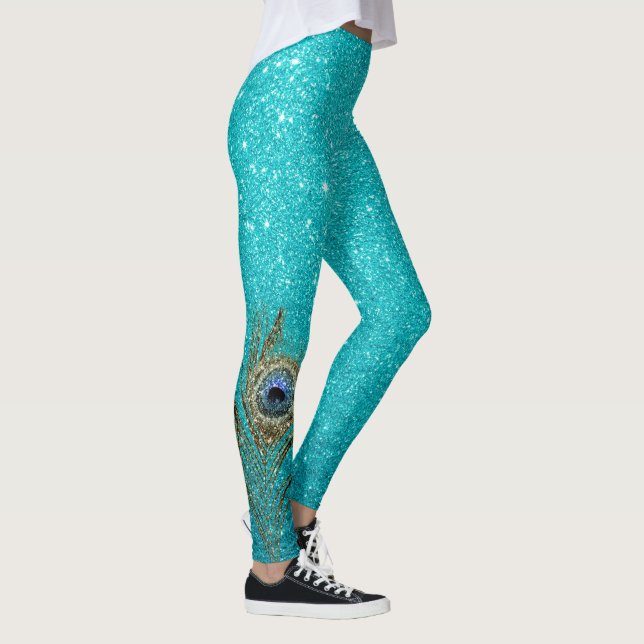 Leggings Glam Purpurina azul verde azulado con pluma de pav (Derecha)