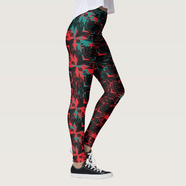 Leggings Glitch Art Red and Teal Floral Repeat (Derecha)