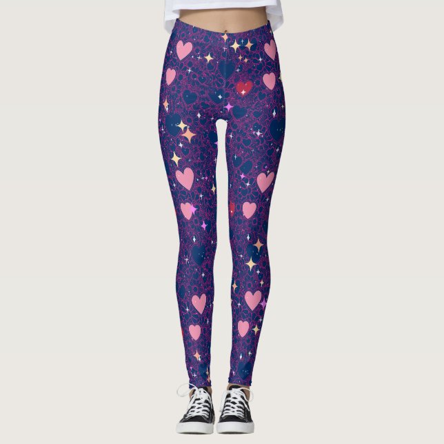Leggings Glittering Hearts Pattern 01 DBlue BG (Anverso)