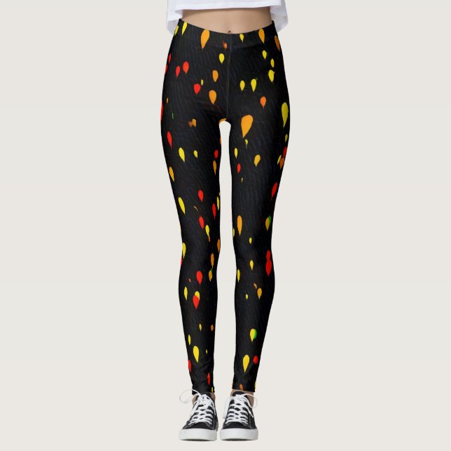Leggings Globos rojos y amarillos fondo negro rezagado (Anverso)