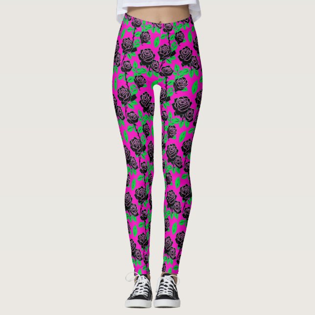 Leggings Glossy Black Roses On A Hot Pink Background (Anverso)