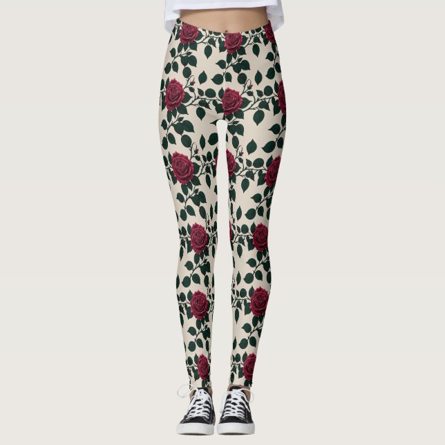 Leggings Glossy Crimson Roses With Dark Green Leaves (Anverso)