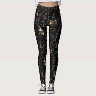 Leggings Gnome de fantasía oscura y patrón de hongos