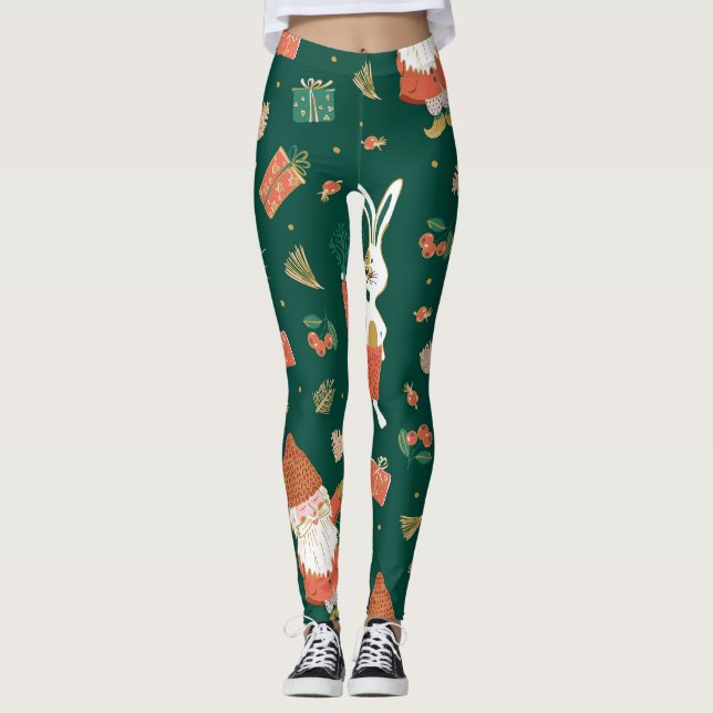Leggings Gnomes navidades, Patrón de feriado conejito. (Anverso)