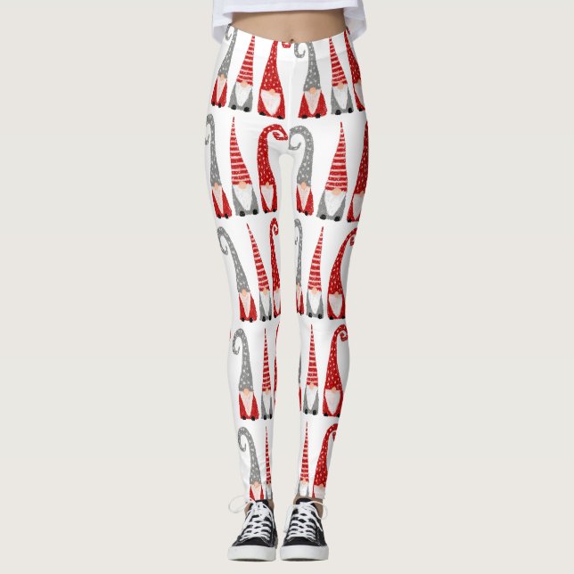 Leggings Gnomos Navideños Rojo Gris Patrón de Fiesta (Anverso)